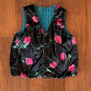 Vintage Velvet Floral Rose Print Vest 80s 90s Vest